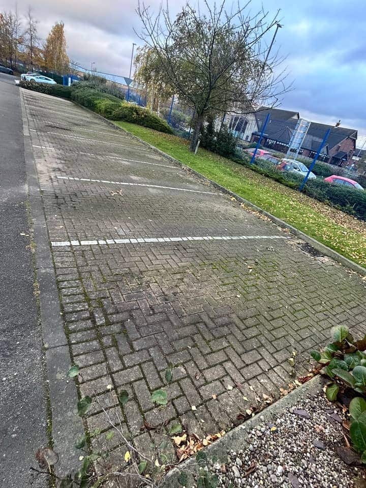 Parking bays on a business park, the block paving dark with moss and the white lines barely visible