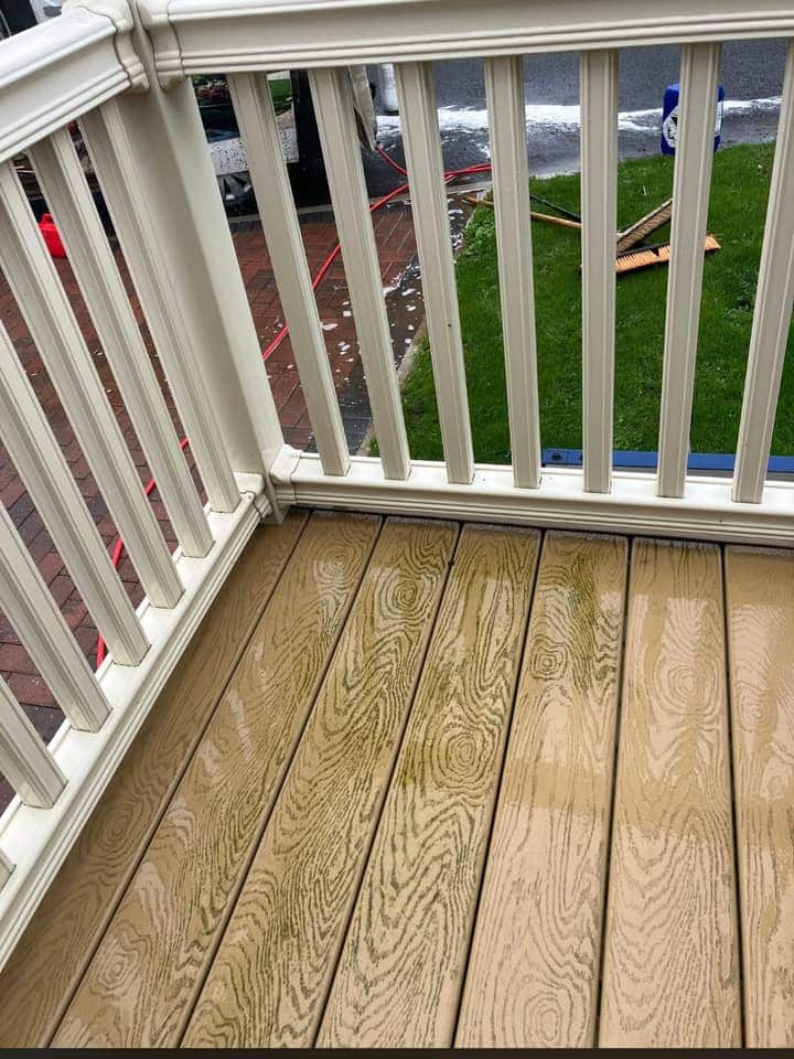 Corner of grooved decking with green growth in the grooves, inside white railings